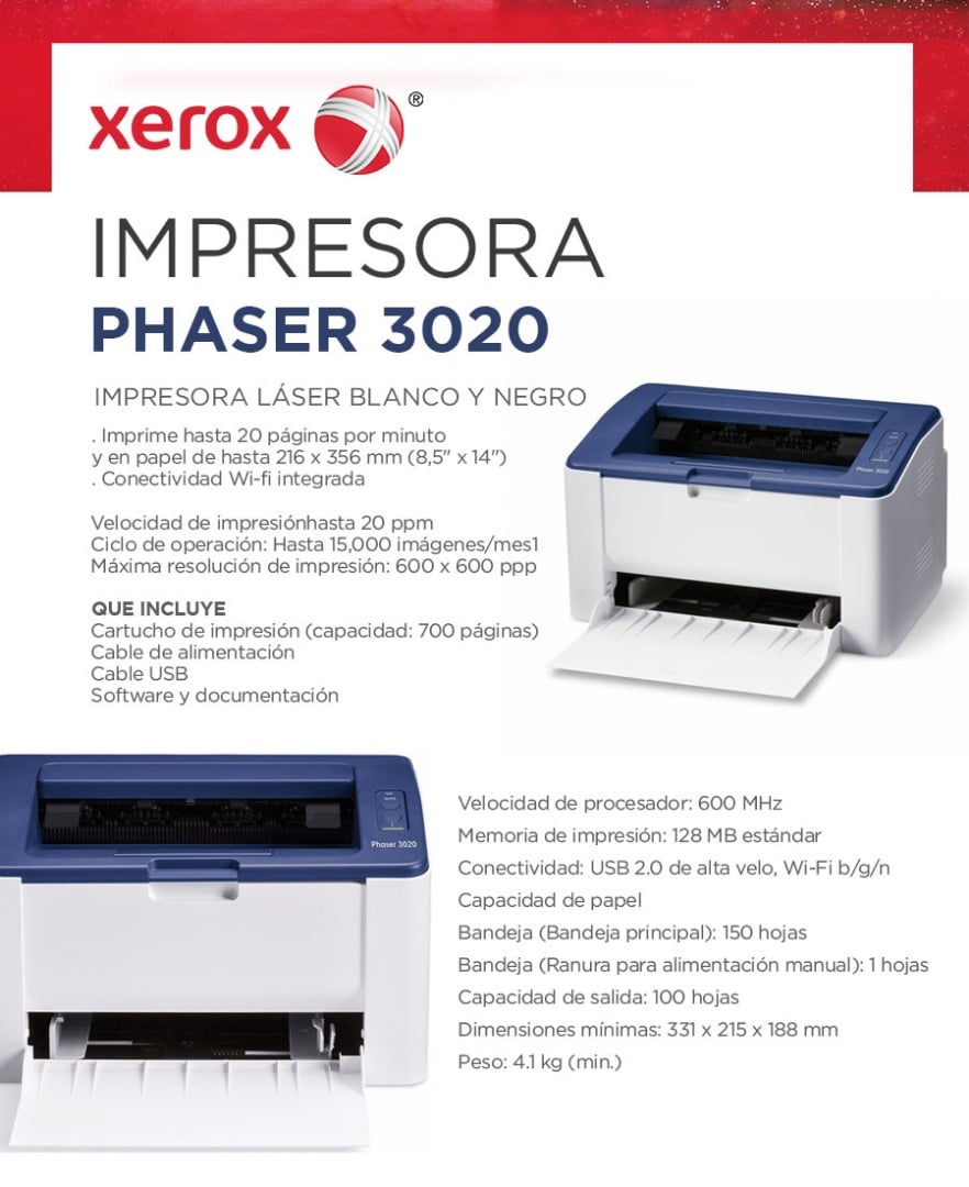 IMPRESORA LASER MONOCROMATICA PHASER 3020 XEROX - El Bunkker