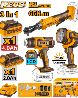 Kit Combo A Bateria P20S 20V Llave Crique + Pistola De Calor + Linterna C/2 Baterias, Cargador Y Accesorios Ingco Cosli2