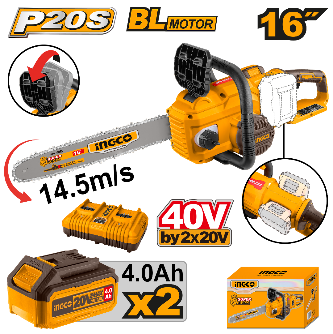 Motosierra Ingco A Bateria 40V P20S 16" Con Bateria / Con Cargador CGSLI401682