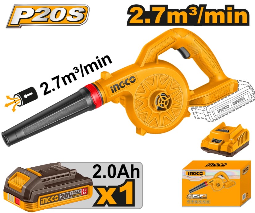 Sopladora Ingco A Bateria P20S 20V 2.7M³/Min C /Bat 2.0AH + Cargador Ingco CABLI20781